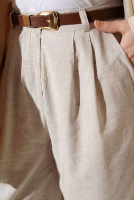 Pile Detaylı Cepli Bol Paça Pantolon Bej - Pantolon