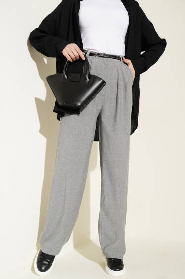Pile Detaylı Cepli Bol Paça Pantolon Gri - Pantolon