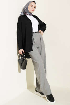 Pile Detaylı Cepli Bol Paça Pantolon Gri - Pantolon