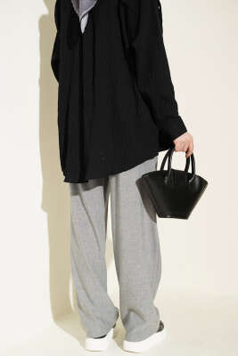 Pile Detaylı Cepli Bol Paça Pantolon Gri - Pantolon