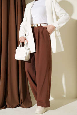 Pile Detaylı Cepli Bol Paça Pantolon Kahve - FİXAY