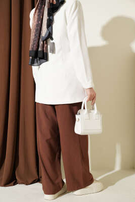 Pile Detaylı Cepli Bol Paça Pantolon Kahve - Pantolon