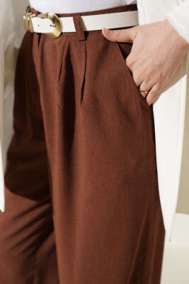 Pile Detaylı Cepli Bol Paça Pantolon Kahve - Pantolon