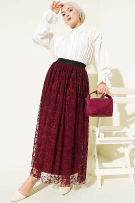 Pile Detaylı Çiçek Tüllü Etek Bordo - Etek