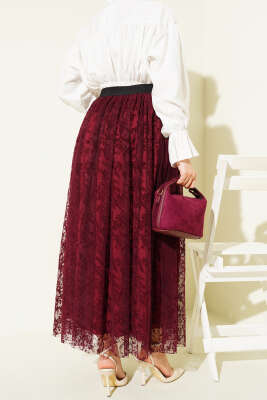 Pile Detaylı Çiçek Tüllü Etek Bordo - Etek