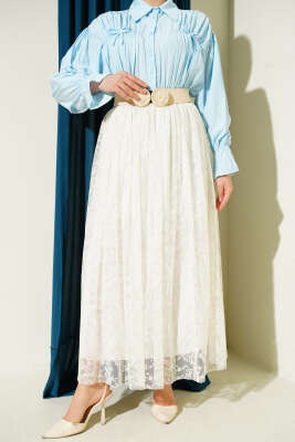 Pile Detaylı Çiçek Tüllü Etek Ekru - FİXAY