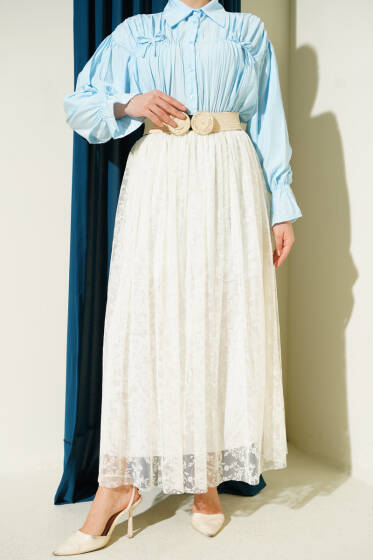 Pile Detaylı Çiçek Tüllü Etek Ekru - Etek