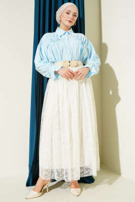 Pile Detaylı Çiçek Tüllü Etek Ekru - Etek