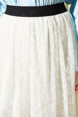 Pile Detaylı Çiçek Tüllü Etek Ekru - Etek