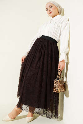 Pile Detaylı Çiçek Tüllü Etek Kahve - Etek