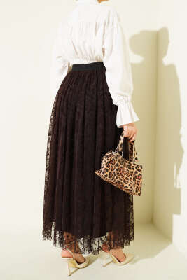 Pile Detaylı Çiçek Tüllü Etek Kahve - Etek