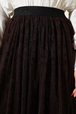 Pile Detaylı Çiçek Tüllü Etek Kahve - Etek