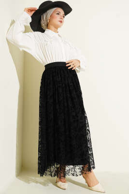 Pile Detaylı Çiçek Tüllü Etek Siyah - Etek