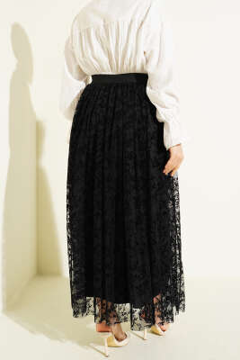 Pile Detaylı Çiçek Tüllü Etek Siyah - Etek