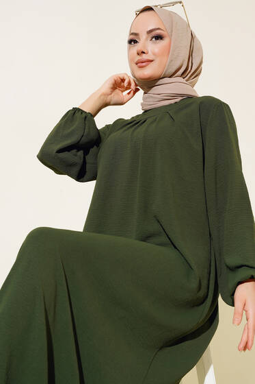 Pile Detaylı Elbise Haki - Tesettür Elbise