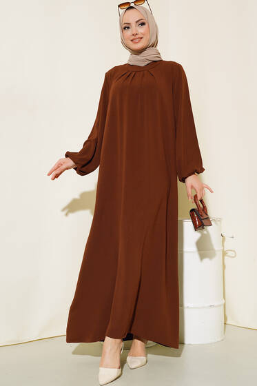 Pile Detaylı Elbise Kahve - Tesettür Elbise