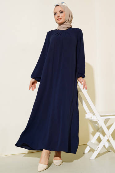 Pile Detaylı Elbise Lacivert - Tesettür Elbise