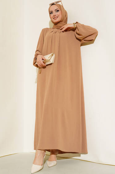 Pile Detaylı Elbise Latte - Tesettür Elbise