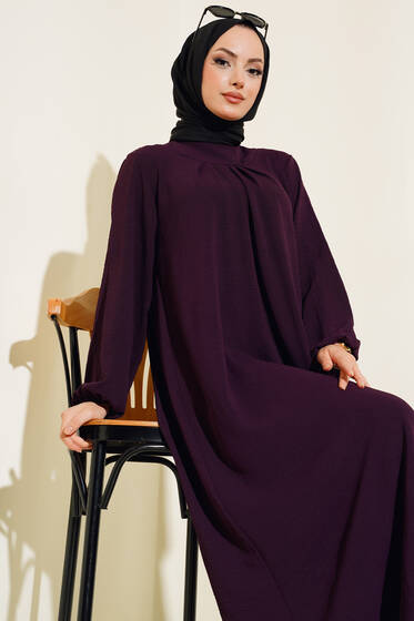 Pile Detaylı Elbise Mor - Tesettür Elbise