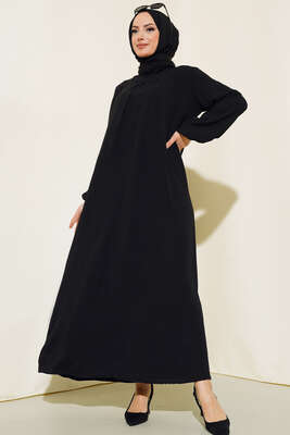 Pile Detaylı Elbise Siyah - Thumbnail