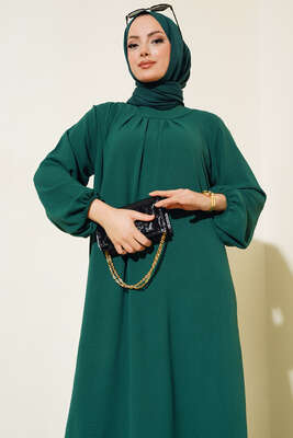 Pile Detaylı Elbise Zümrüt Yeşili - Thumbnail