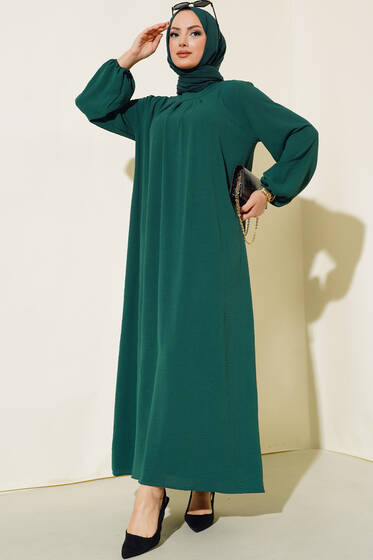 Pile Detaylı Elbise Zümrüt Yeşili - Tesettür Elbise