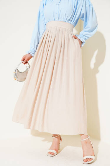 Pile Detaylı Fermuarlı Etek Bej - Etek