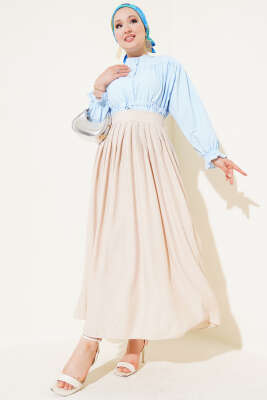 Pile Detaylı Fermuarlı Etek Bej - Uzun Etek