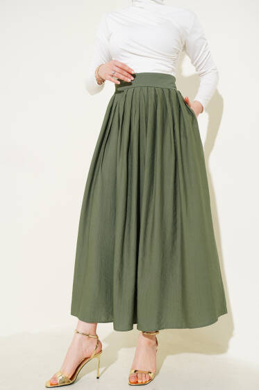 Pile Detaylı Fermuarlı Etek Çağla Yeşili - Etek