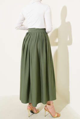 Pile Detaylı Fermuarlı Etek Çağla Yeşili - Uzun Etek