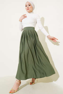 Pile Detaylı Fermuarlı Etek Çağla Yeşili - Uzun Etek