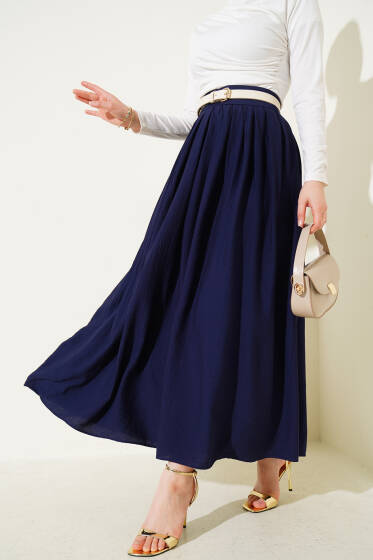 Pile Detaylı Fermuarlı Etek Lacivert - Etek