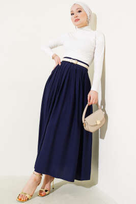 Pile Detaylı Fermuarlı Etek Lacivert - Uzun Etek