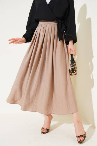 Pile Detaylı Fermuarlı Etek Latte - Etek