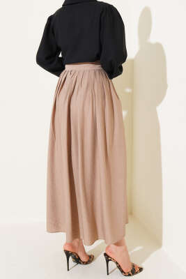 Pile Detaylı Fermuarlı Etek Latte - Uzun Etek