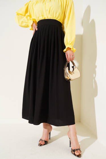 Pile Detaylı Fermuarlı Etek Siyah - Etek