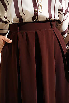 Pile Detaylı Geniş Paça Pantolon Kahve - Pantolon