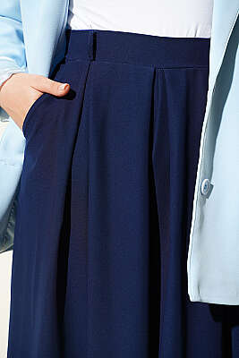 Pile Detaylı Geniş Paça Pantolon Lacivert - Pantolon