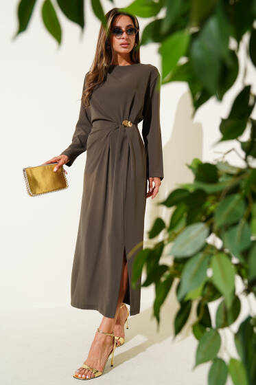 Pile Detaylı Gold Tokalı Midi Elbise Haki - Kadın Giyim Modelleri