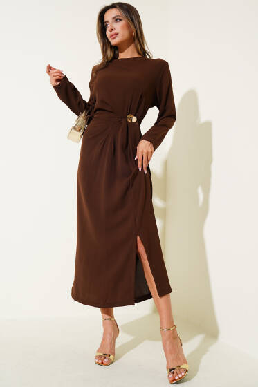 Pile Detaylı Gold Tokalı Midi Elbise Kahve - Kadın Giyim Modelleri