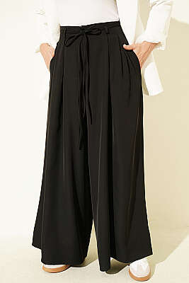 Pile Detaylı İp Bağcıklı Pantolon Siyah - BERAT TEKSTİL