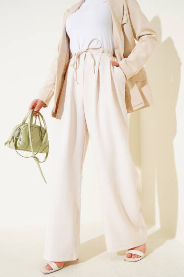 Pile Detaylı İp Kuşaklı Pantolon Bej - Pantolon