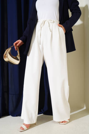 Pile Detaylı İp Kuşaklı Pantolon Ekru - Pantolon
