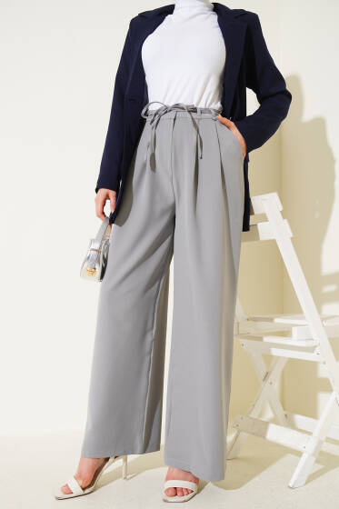 Pile Detaylı İp Kuşaklı Pantolon Gri - Pantolon