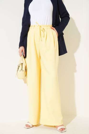 Pile Detaylı İp Kuşaklı Pantolon Sarı - Pantolon