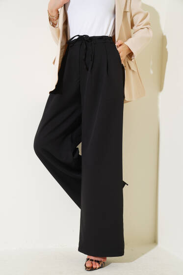 Pile Detaylı İp Kuşaklı Pantolon Siyah - Pantolon