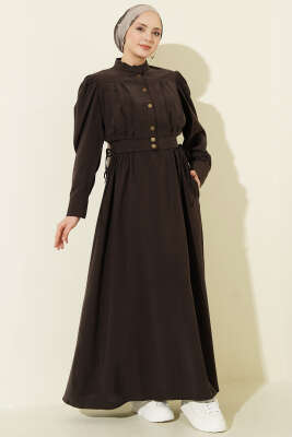 Pile Detaylı Jile Elbise Takım Kahve - HEWES