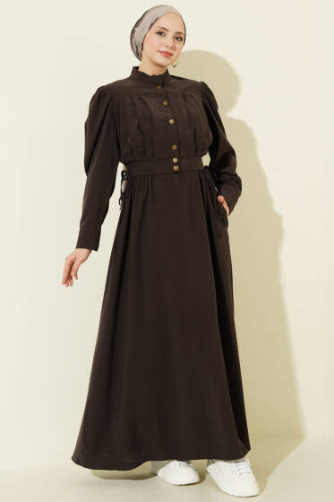 Pile Detaylı Jile Elbise Takım Kahve - Elbise