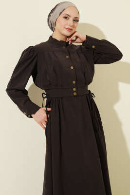 Pile Detaylı Jile Elbise Takım Kahve - Elbise