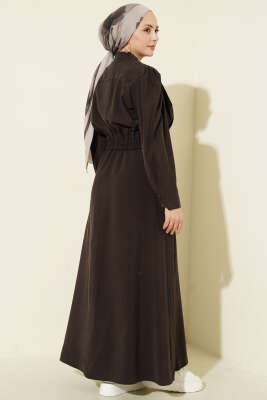 Pile Detaylı Jile Elbise Takım Kahve - Elbise